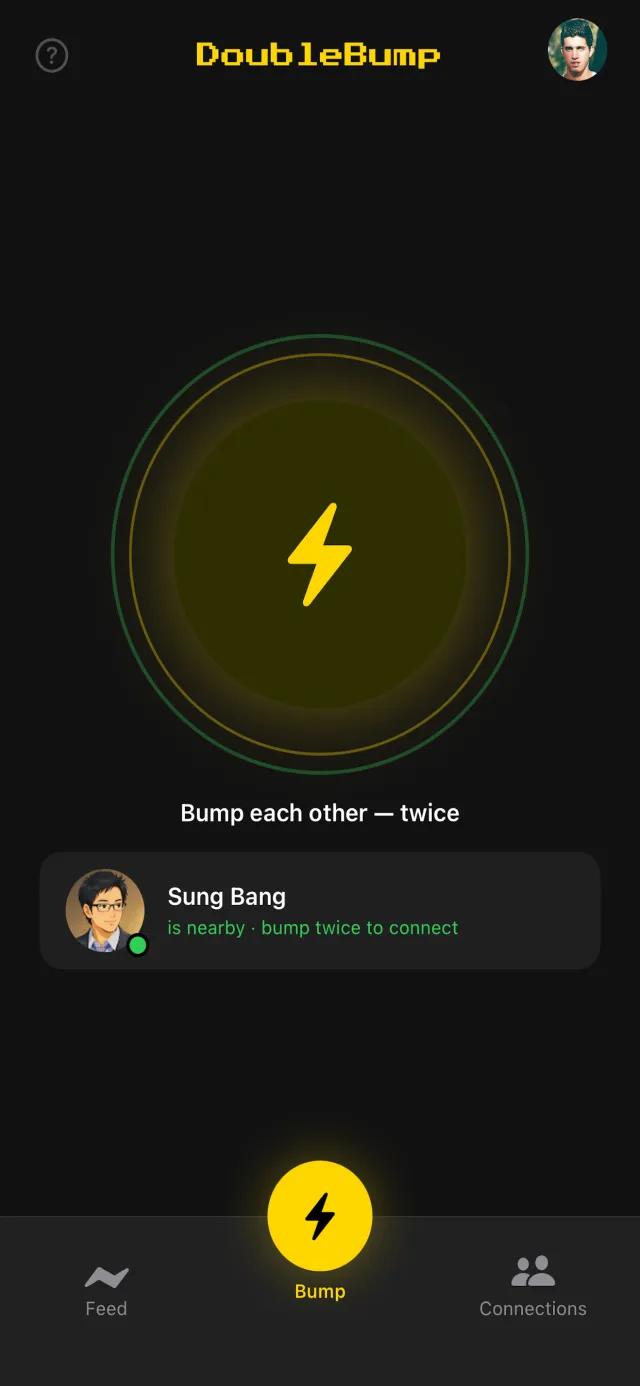 DoubleBump bump screen showing a nearby user ready to connect.