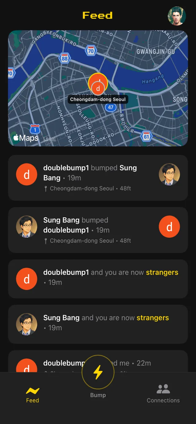 DoubleBump live feed of recent bumps pinned on a map.